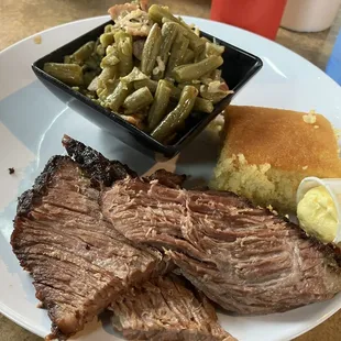 Brisket, cornbread and green beans and bacon.