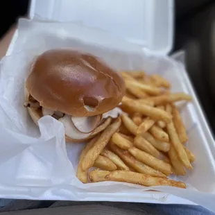 This is the smoked chicken burger, this was pretty good with the Carolina mustard sauce. And the fries are good too
