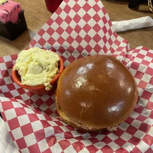 Pulled pork sandwich and potato salad