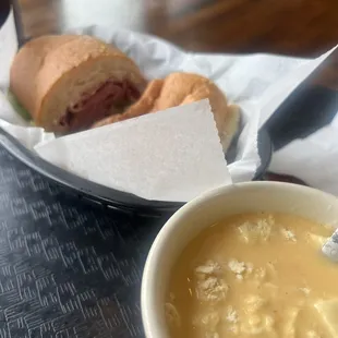 Corned beef hoagie and beer cheese soup.