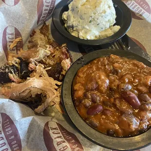 Pulled Pork, beans and potato salad