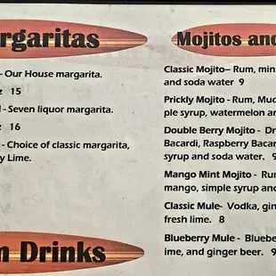Margaritas, mojitos, and mules drink menu