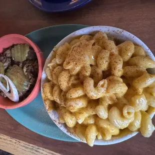 1/4 chopped brisket and Mac and Cheese