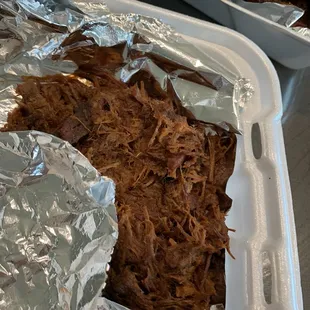 Shredded barbecued beef.