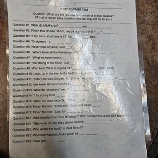 Some trivia game they had on all the tables