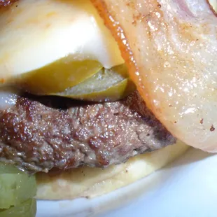 3 alarm burger, close-up.