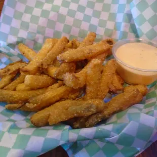 Pickle fries with dipping sauce.