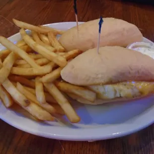 Walleye hoagie with fries.
