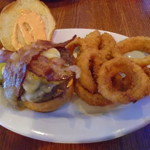 3 alarm burger with fries.