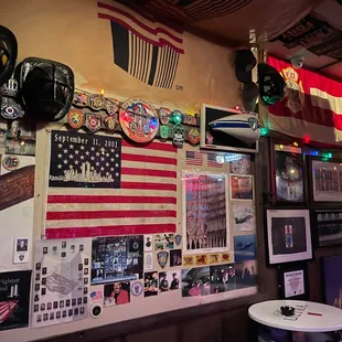 a wall full of memorabilia