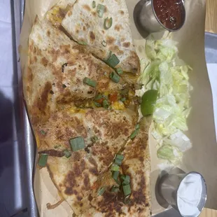 Chicken quesadillas and a chicken sandwich with bacon and Swiss.  Highly recommend both.