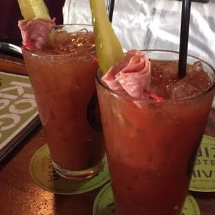 The AWESOME bloody Mary's with yummy salami garnish!