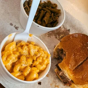 A customer favorite- Brisket sandwich with green beans and Mac &amp; Cheese!