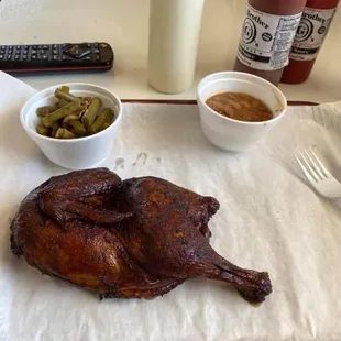 Chicken dinner with Green Beans and Pinto Beans. We also have a garlic ranch dressing