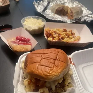 Sloppy Sow with smoke Mac and cheese, potato salad and fried cherry pie thanks Danielle:)
