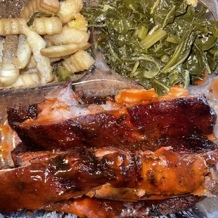 Barbecue Platter Greens &amp; Fries Delicious!