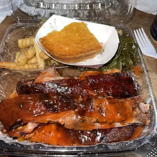 Barbecue Ribs, Fries, Collard Greens &amp; Cornbread Platter. Everything delicious.