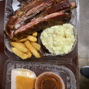 Large rib and wing combo with potato salad (no eggs ) and fries