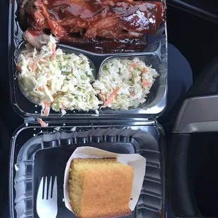 Ribs, cornbread and coleslaw.