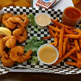 Fried Shrimp with Fries and Baked Beans