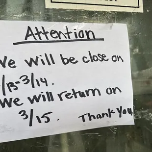 March 13 &amp; March 14th
Dear customers, We will be temporarily closed on March 13 &amp; 14 and resume operations on Friday, March 15th. Thank you