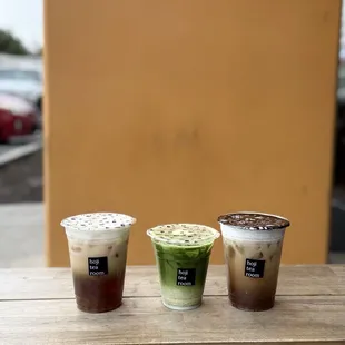 Hojicha sea cream with boba, Matcha Latte and Hojicha Black Sesame