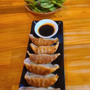 Edamame. Pan fried chicken gyoza