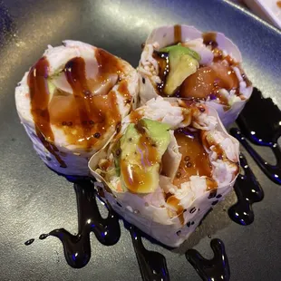 Superman Burrito Roll cut into 3 pieces