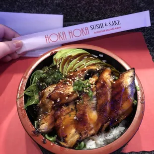 Beautiful eel and avocado bowl! I like my eel well done. 1. Unagi and Avocado Bowl
