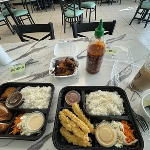 Chicken teriyaki bento box  Tempura shrimp bento box  Brown sugar milk tea boba  Wings