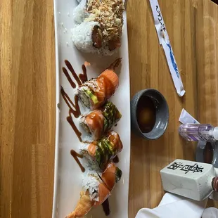 Spicy Salmon Crunch Roll &amp; Hollywood Roll (Shrimp Tail)