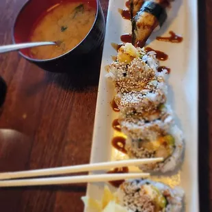 Unagi, miso soup &amp; crispy shrimp rolls