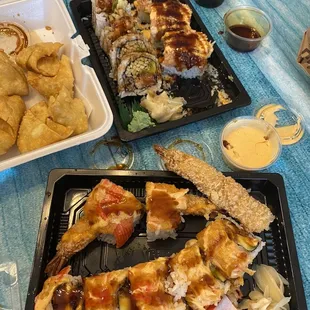 a variety of sushi dishes