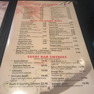 Menu showing sushi a la carte , hand rolls, and sushi bar entrees