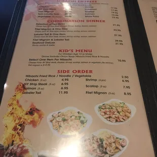 Menu showing Hibachi dinners, combination dinners, kid's menu and side orders