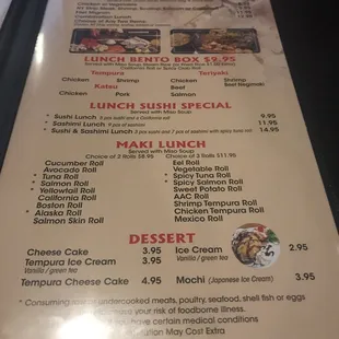 Menu showing lunch specials and dessert
