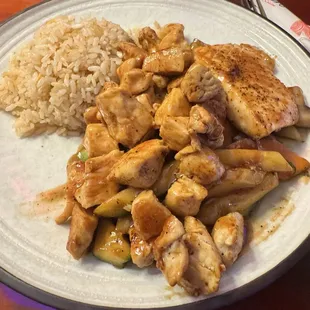Hibachi Chicken and Salmon Lunch with Rice and Vegetables