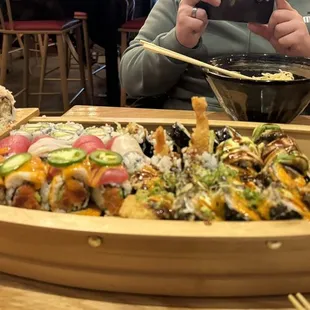 Sushi Boat! Godzilla Roll Spicy Killer Roll Spicy Tuna Roll California Roll Angel Hair Roll