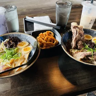 Left is the Garlic Tonkotsu Ramen, middle is Fried Calamari, right Spicy Beef Ramen. Drinks are Taro Milk Tea and Hokkaido Milk Tea