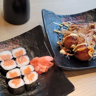 2 small dishes: takoyaki &amp; salmon roll