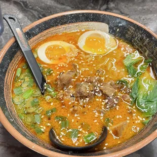 Tantanman ramen bowl (spicy). Mine came with a gogujang smear on the bowl lip to help customize your spice level.