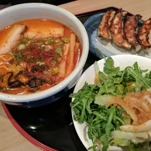 Kara miso ramen with gyoza and salad