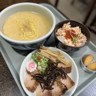 Forgot the name, it was a special written in chalk, but it's salt ramen w/ pork cheek &amp; a salmon rice bowl
