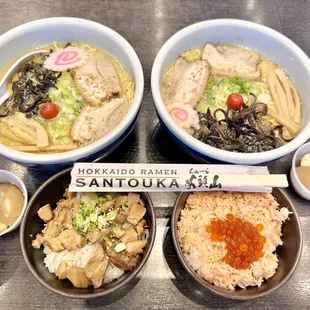 B1 COMBO # 67 , SALT RAMEN LARGE , with Rice bowl SALMON  and Number 87 , SALT RAMEN LARGE with Char siu pork Rice Bowl .