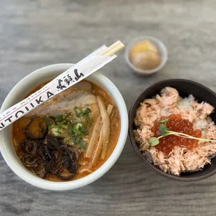 a bowl of ramen and a bowl of rice