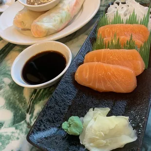 Fresh Salmon Sashimi &amp; Shrimp and Crab Spring Rolls with Peanut Sauce