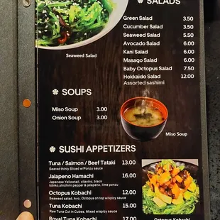 Salads, soups, and sushi appetizers