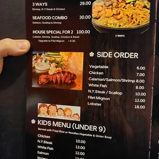 Hibachi combo, side orders, and kids menu