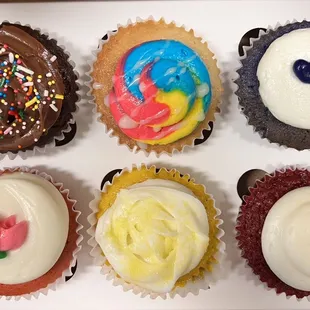 Top to Bottom, L-R: Double Chocolate, Shave Ice Cupcake, Sweet Potato Cupcake (UBE), Guava Cupcake, Lilikoi Cupcake, Red Velvet Cupcake
