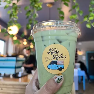 Iced matcha latte with oatmilk